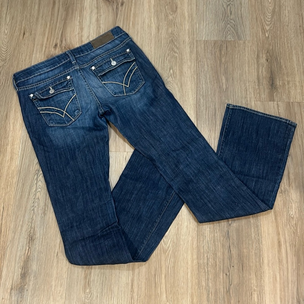 William Rast Blue Denim Bootcut Jeans with button back pockets and zipper front